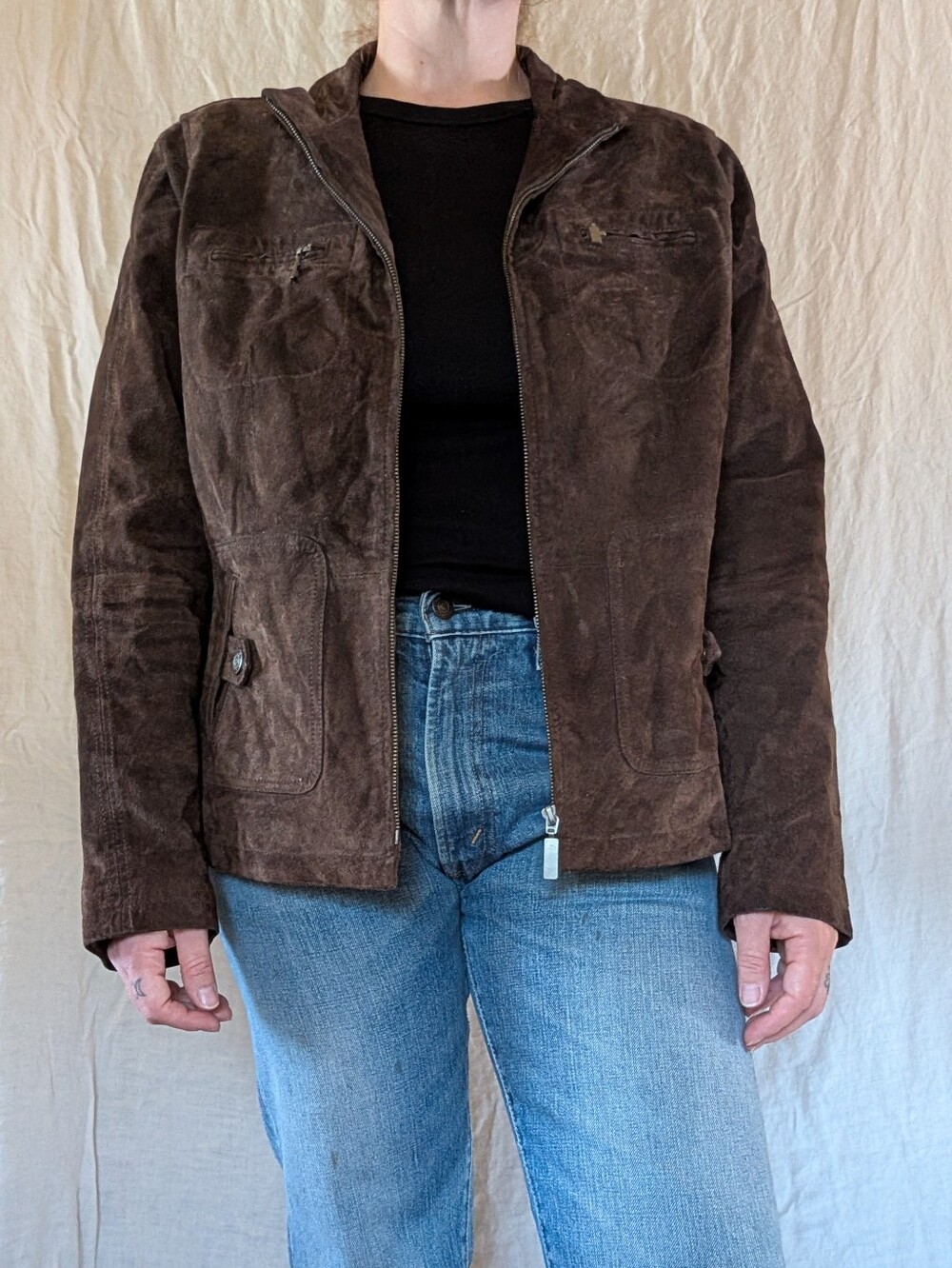 Ruff Hewn Dark Brown Suede Zip Jacket - Picture 1 of 6